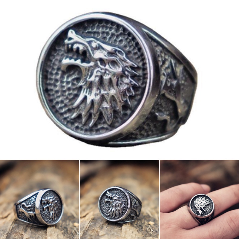 Retro Viking Serigala Cincin Untuk Pria Biker Es Serigala Rumah Stark Winterfell Hewan Pria Cincin Nordic Fashion Perhiasan