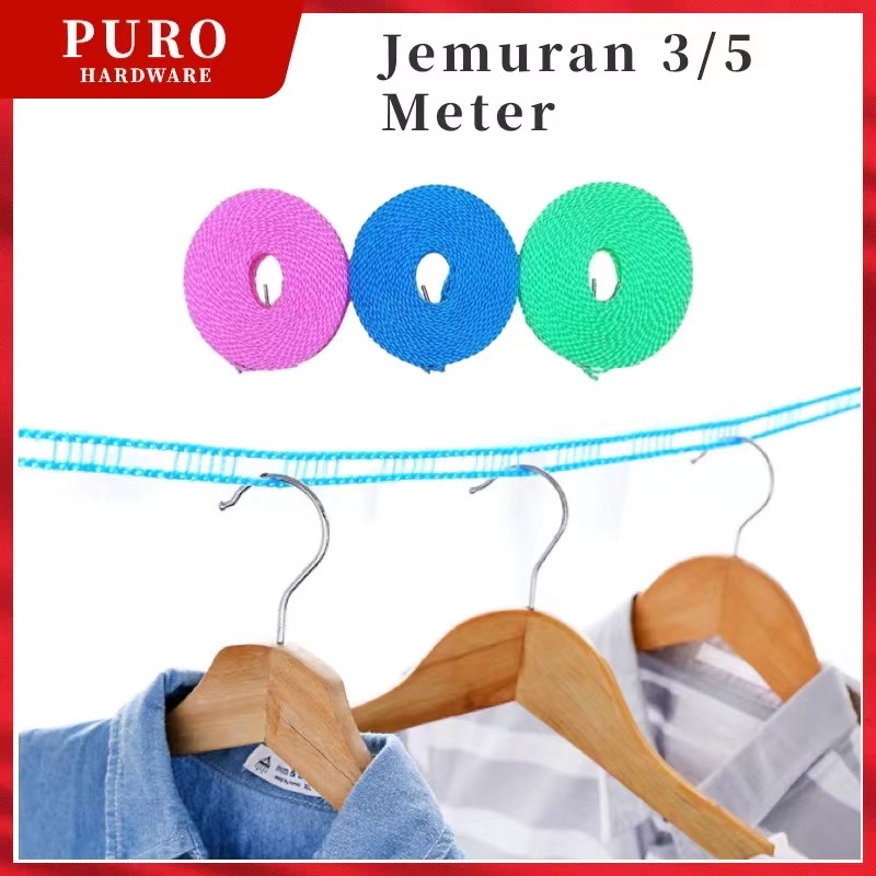 3/5 Meter Tali Gantungan Jemuran Tali Jemuran Baju Portable dengan Kait Warna Warn