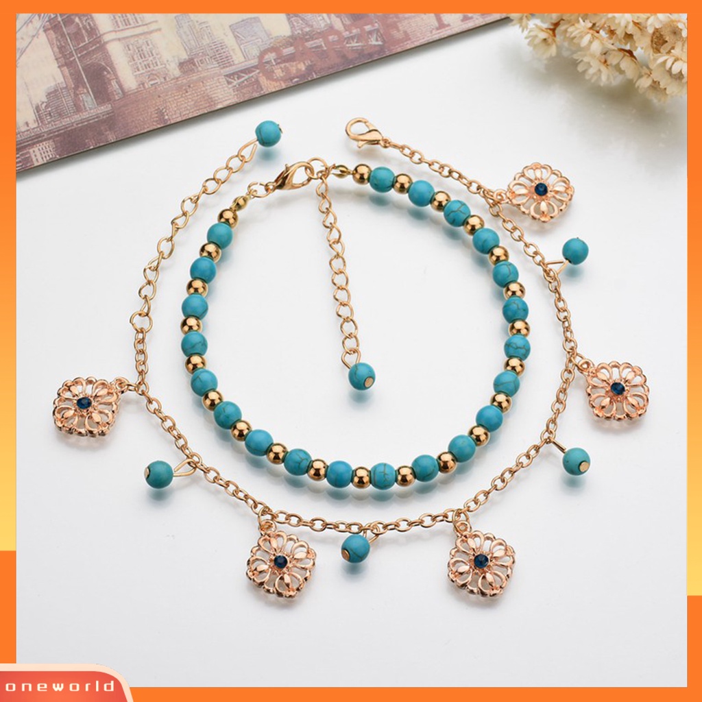 [WOD] 2pcs /Set Gelang Kaki Kristal Imitasi Adjustable Alloy Bohemian Faux Turquoise Bead Gelang Kaki Pantai Untuk Pantai