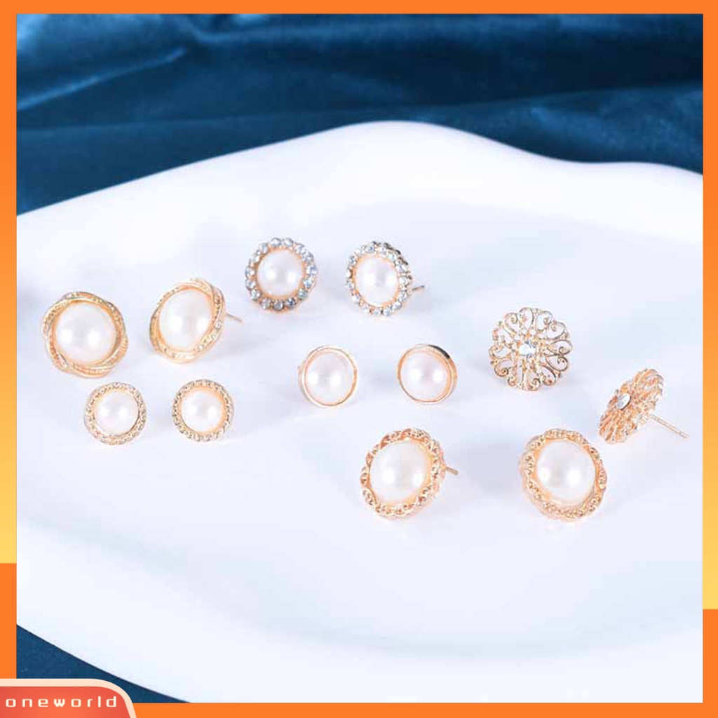 [WOD] 6pasang Anting Stud Bulat Berlian Imitasi Mengkilap Hias Electroplating Semua Pertandingan Dekorasi Hadiah Faux Pearl Flower Women Ear Studs Jewelry Untuk Pacaran