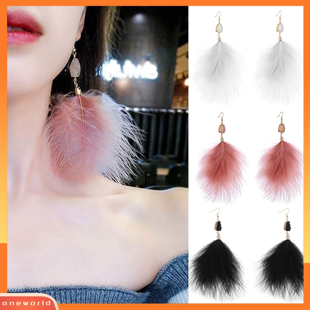 [WOD] 1pasang Bertatahkan Kristal Imitasi Tindik Indah Drop Anting-Anting Berlebihan Bulu Menjuntai Kait Anting-Anting Perhiasan Fashion