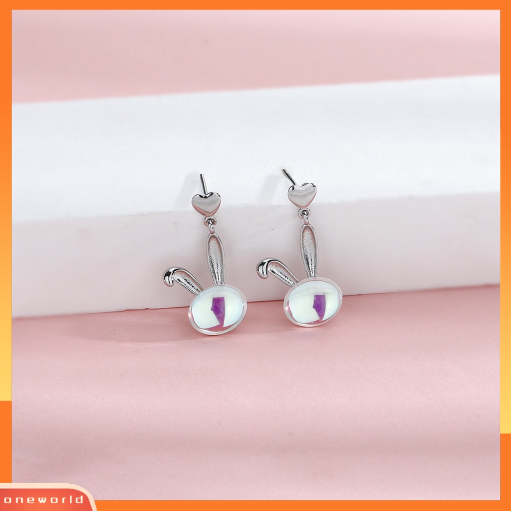 [WOD] 1pc Anting Tusuk Bunny Head Heart Faux Moonstone Ada Peradangan Ringan Hias Telinga Tembaga Anti Karat Anting Gantung Untuk Pacaran