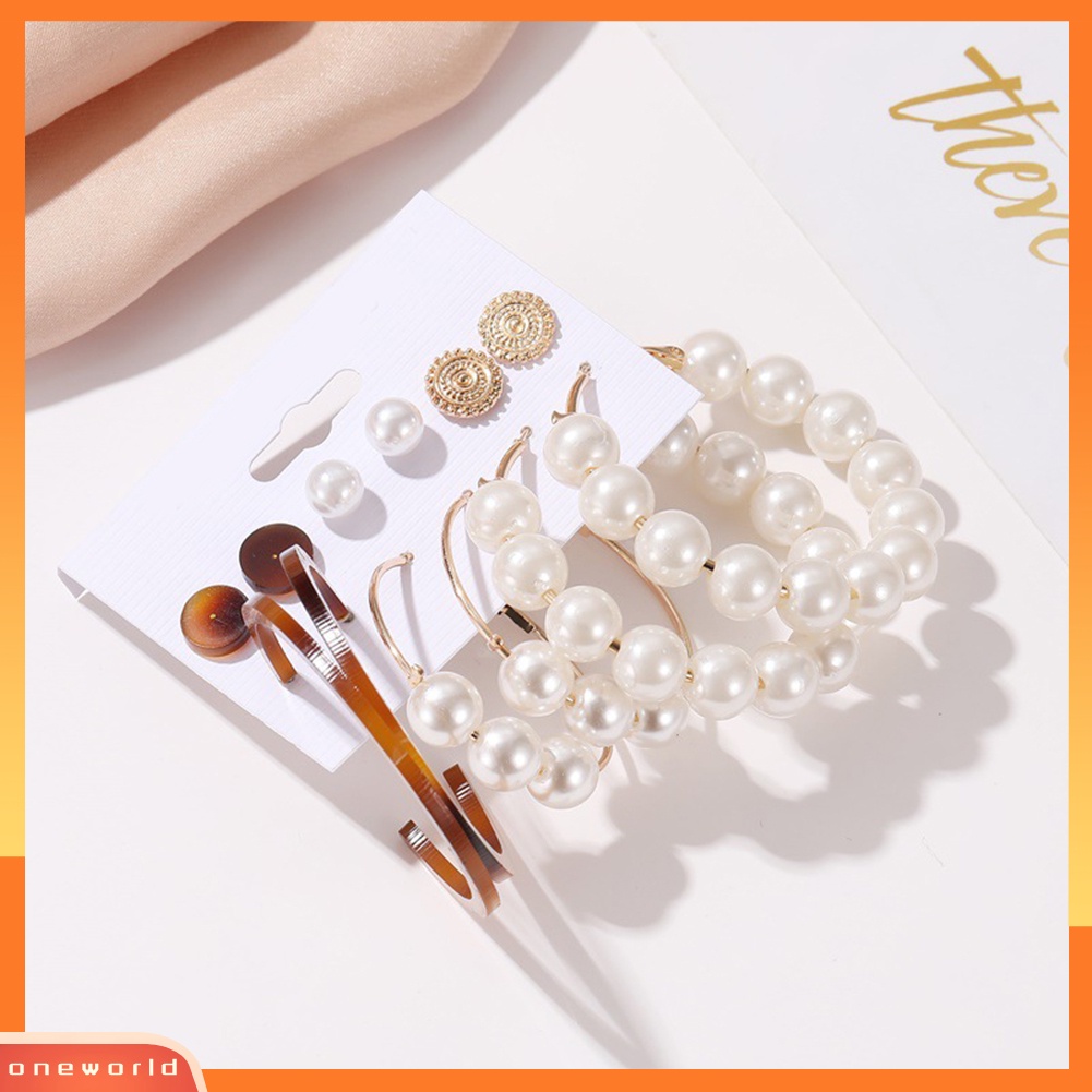 [WOD] 6pasang Wanita Mutiara Imitasi Bulat Geometris Menjuntai Ear Stud Hoop Earrings Jewelry