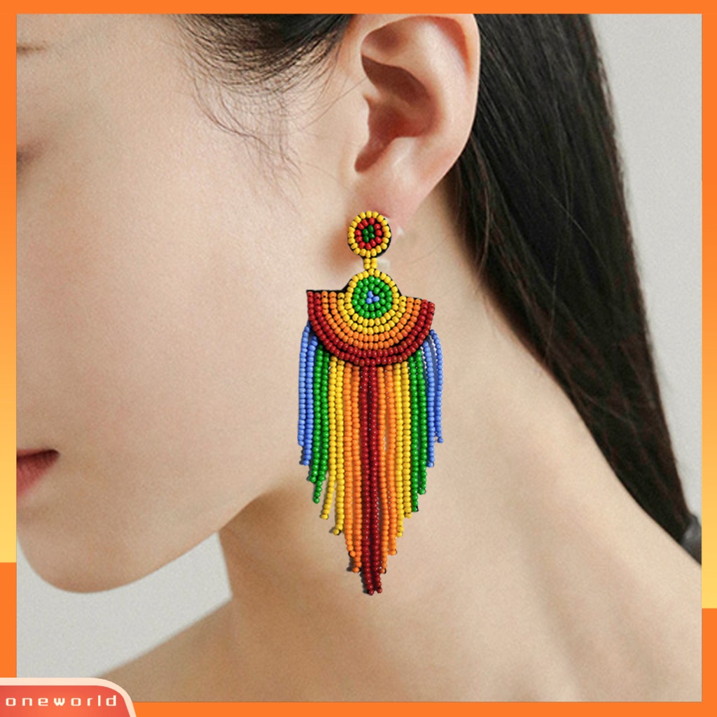 [WOD] 1pasang Anting Tusuk Warna-Warni Manik-Manik Jumbai Perhiasan Vintage Manik-Manik Menjuntai Earrings Untuk Pacaran