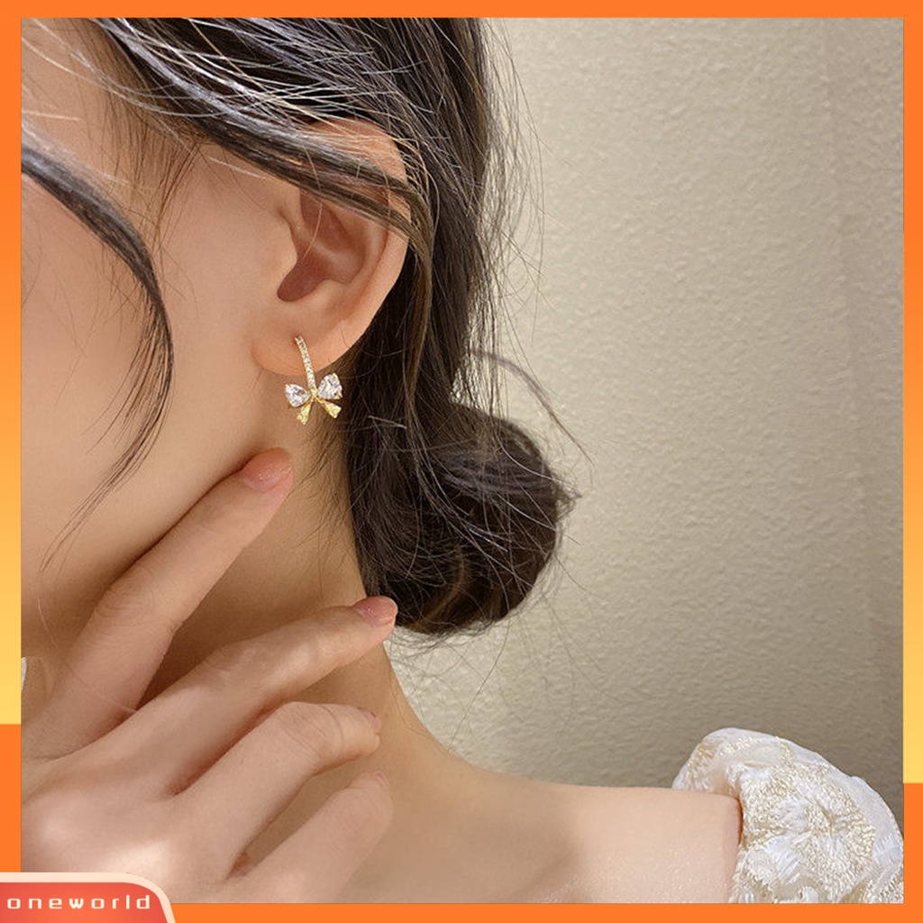 [WOD] 1pasang Wanita Menjuntai Anting Busur Cubic Zirconia Perhiasan Bersinar Gaya Korea Stud Earrings Hadiah Ulang Tahun