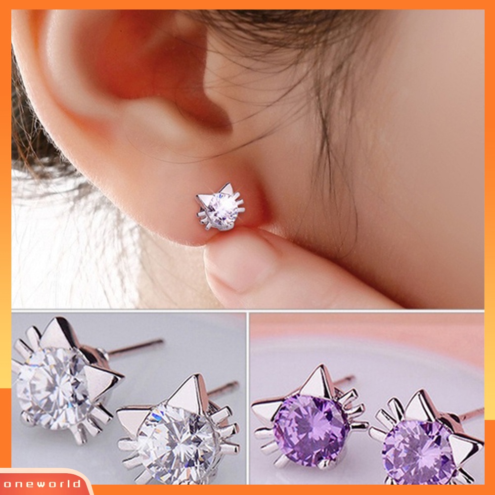 [WOD] Lucu Wanita Cubic Zirconia Hias Bentuk Kucing Telinga Stud Anting Pesta Perhiasan Hadiah