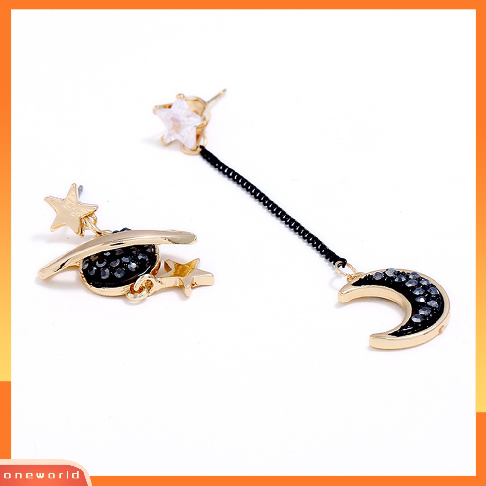 [WOD] Star Moon Ear Stud Berlian Imitasi Menjuntai Asimetris Anting Wanita Perhiasan Hadiah