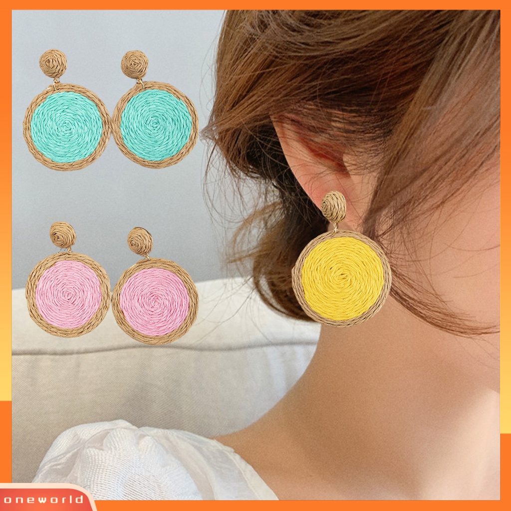 [WOD] 1pasang Anting Menjuntai Anyaman Rotan Warna Cerah Bulat Wanita Drop Earrings Aksesoris Perhiasan Untuk Liburan