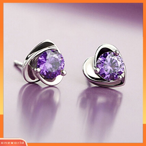 [WOD] Wanita Cinta Hati Ungu Berlian Imitasi Perak Disepuh Ear Studs Earrings