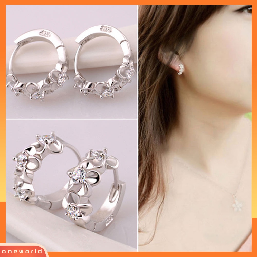 [WOD] Lady Sweet Flower 925 Sterling Silver Disepuh Berlian Imitasi Huggie Earrings Hoops