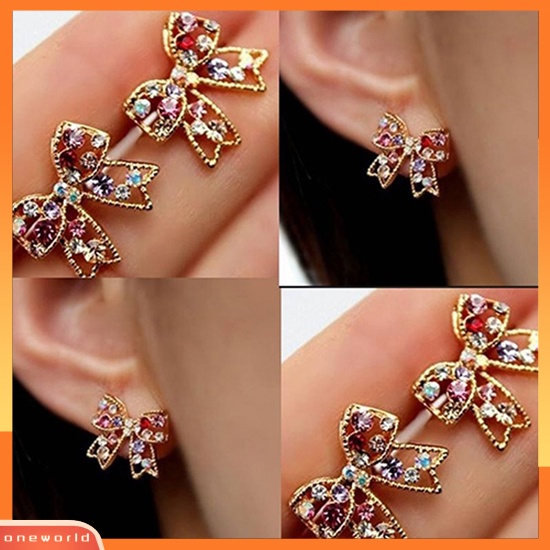 [WOD] 1pasang Wanita Berlian Imitasi Warna-Warni Ikatan Simpul Busur Telinga Studs Earrings Jewelry Charm