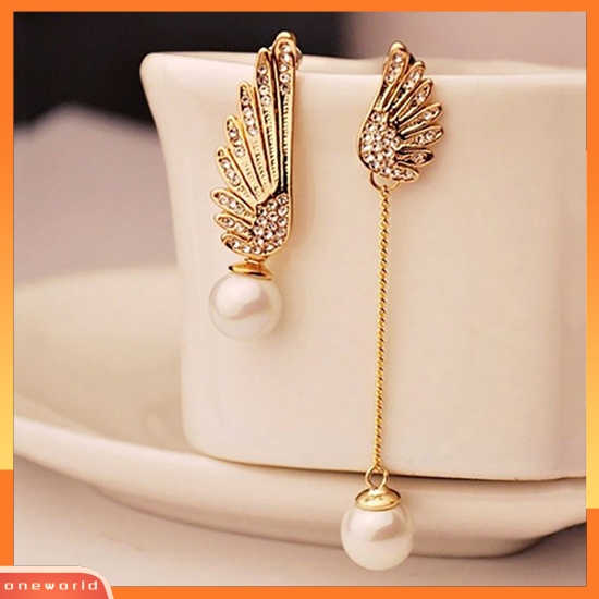 [WOD] 1pasang Wanita Sayap Elegan Berlian Imitasi Mutiara Imitasi Menjuntai Anting Asimetris