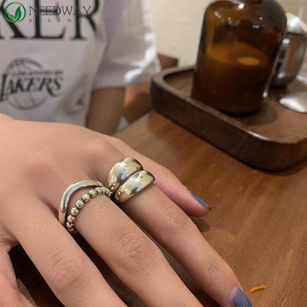 Needway Cincin Couple Trendi Handmade Pembukaan Tebal Sederhana Double-layer Perhiasan Wanita