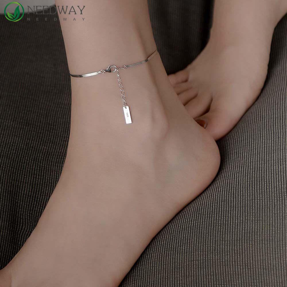 Needway Gelang Kaki Perak Musim Panas Pantai Untuk Wanita Pantai Punk Vintage Simple Square Brand Anklet