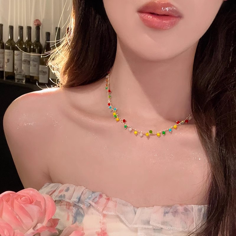 Roselife Korea Musim Panas Trendi Warna-Warni Resin Manik-Manik Choker Kalung Untuk Wanita Gadis Manik-Manik Pelangi Tulang Selangka Rantai Kalung Perhiasan Aksesoris