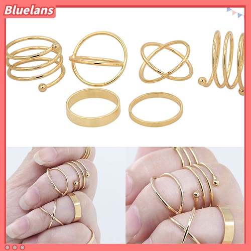 [BLS] 6pcs /Set Wanita Golden Tone Stack Polos Slim Band Midi Ring Spiral Knuckle Rings