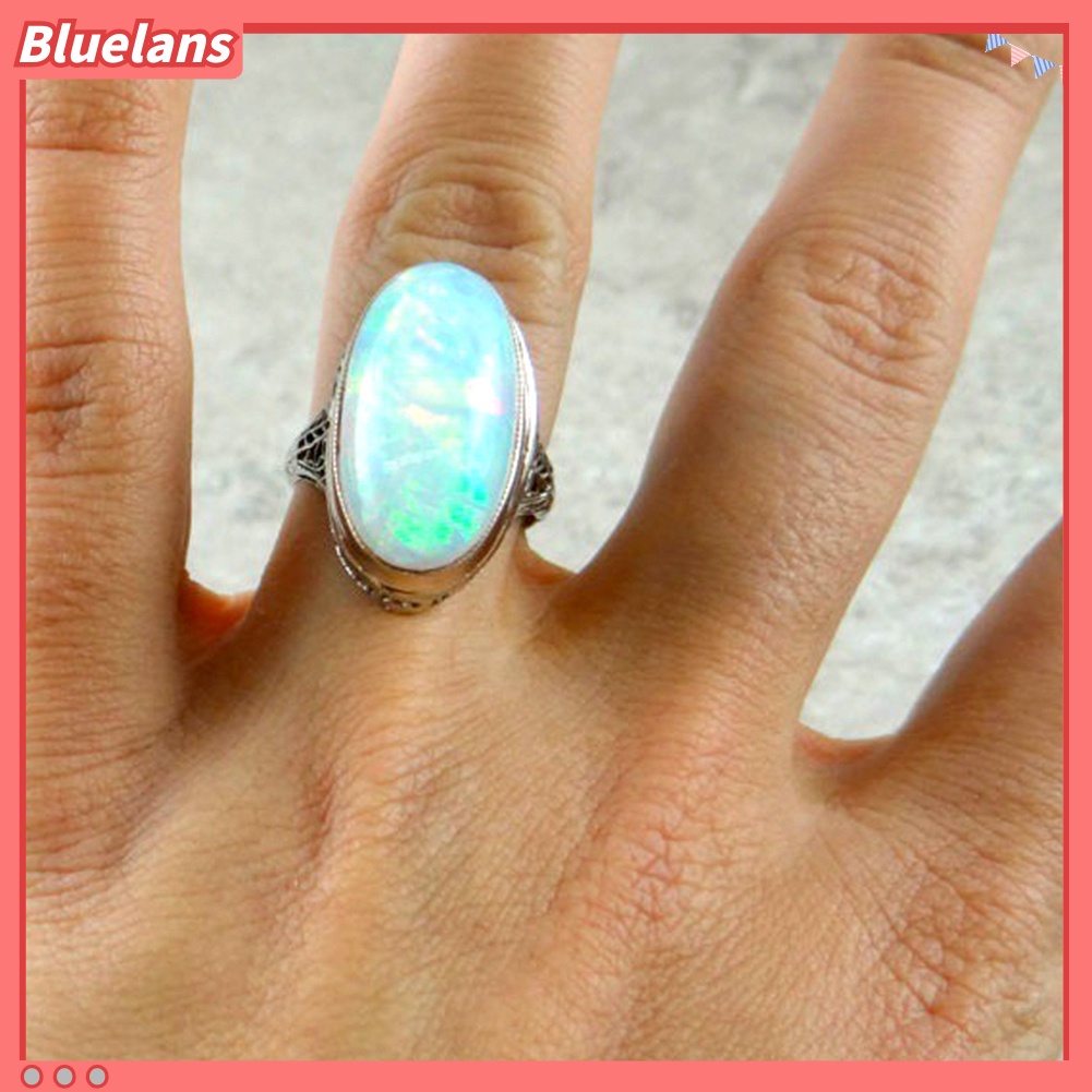 [BLS] Wanita Vintage Besar Buatan Opal Cincin Tunangan Hadiah Perhiasan Anniversary