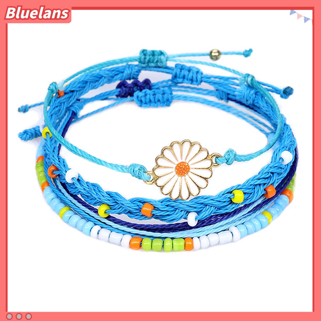 [BLS] 4pcs Wanita Gelang Gaya Bohemian Paduan Tahan Air Tenun Tangan Gelang Braided Bangle Dengan Liontin Set Hadiah Ulang Tahun