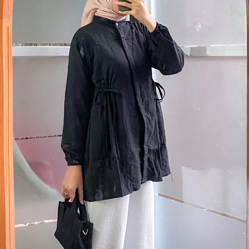 Kemeja Polos Wanita Tali Pinggang Kerut Aliza Pololinen terbaru kekinian wanita remaja polos putih hitam