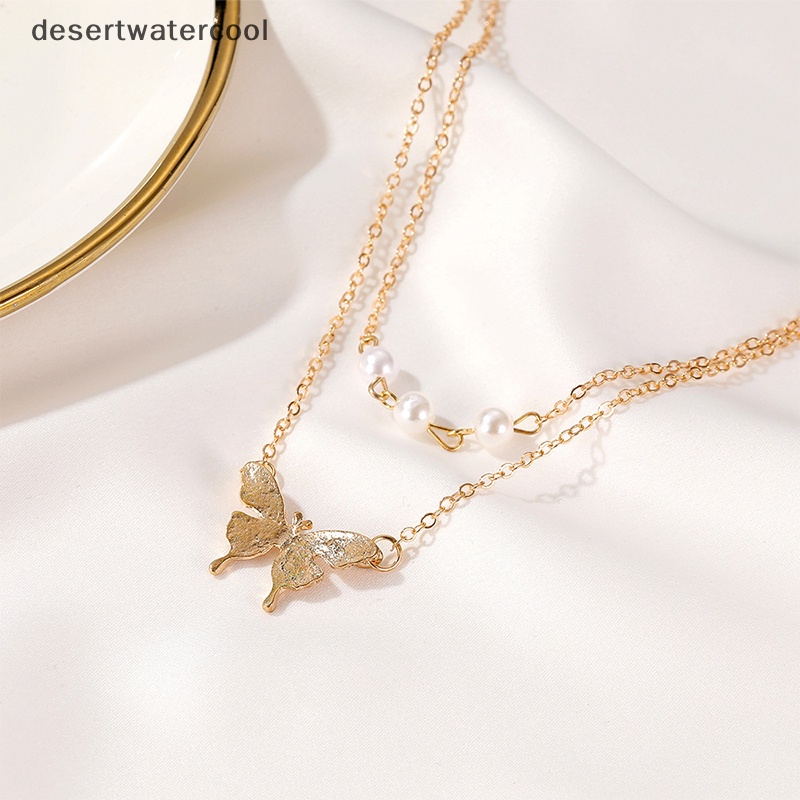 Deid Fashion Kupu-Kupu Mutiara Liontin Kalung Klavikula Mutiara Rantai Berlapis Kalung Martijn