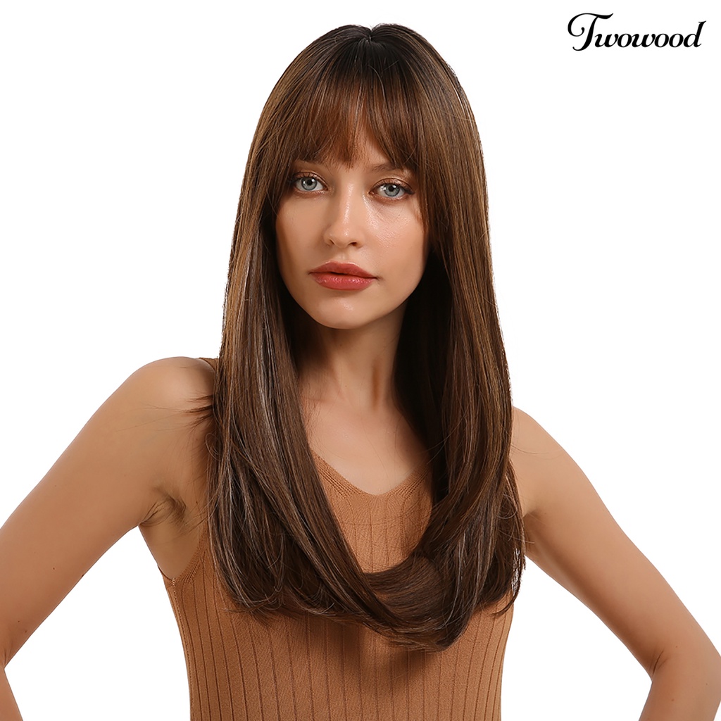 Twowood Wanita Fashion Rapi Poni Panjang Lurus Full Wig Cosplay Pesta Club Hair Decor