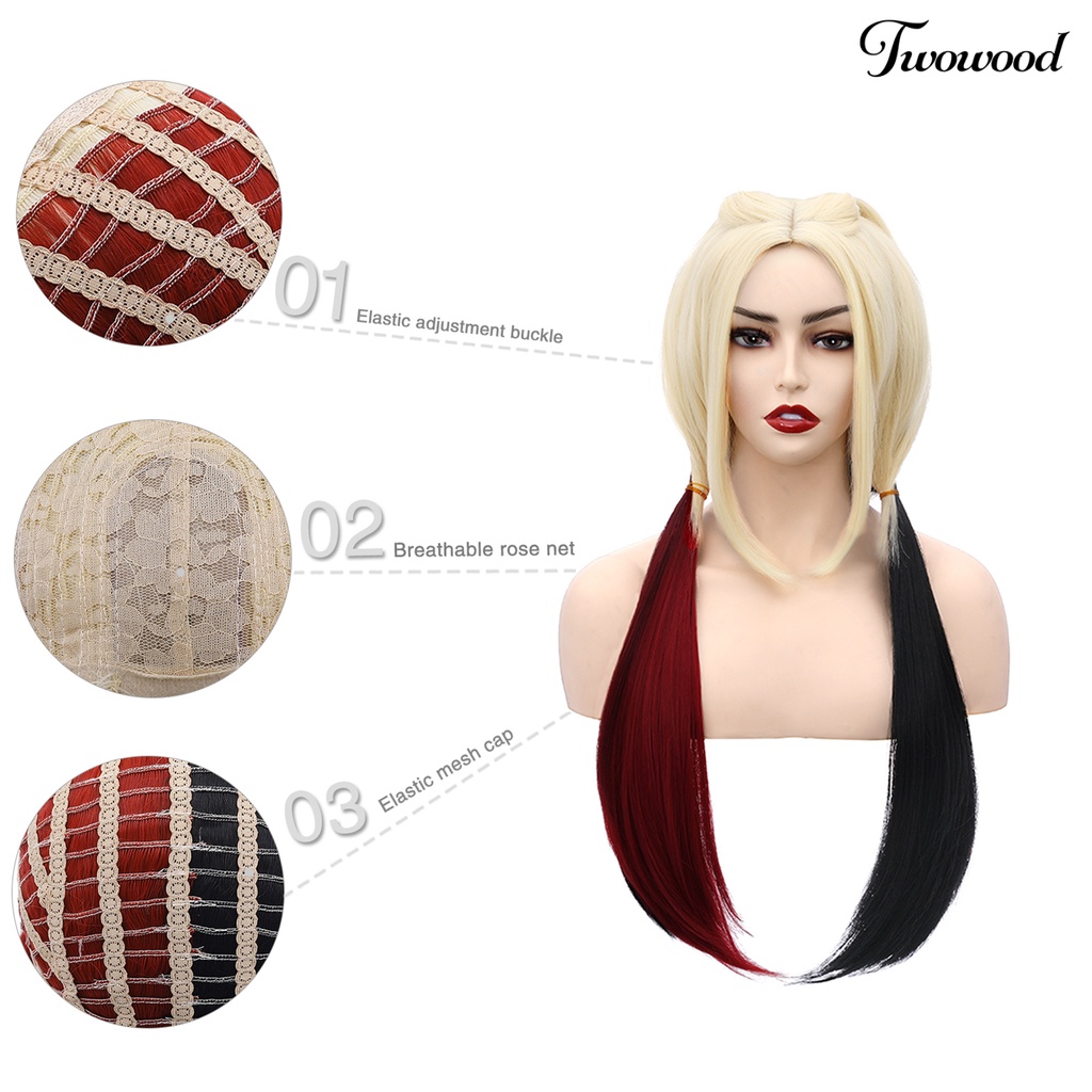 Twowood Cosplay Wig Halus Hitam Merah Putih Lembut Tahan Panas Kostum Rambut Sintetis Lurus Panjang Untuk Pesta Bertema