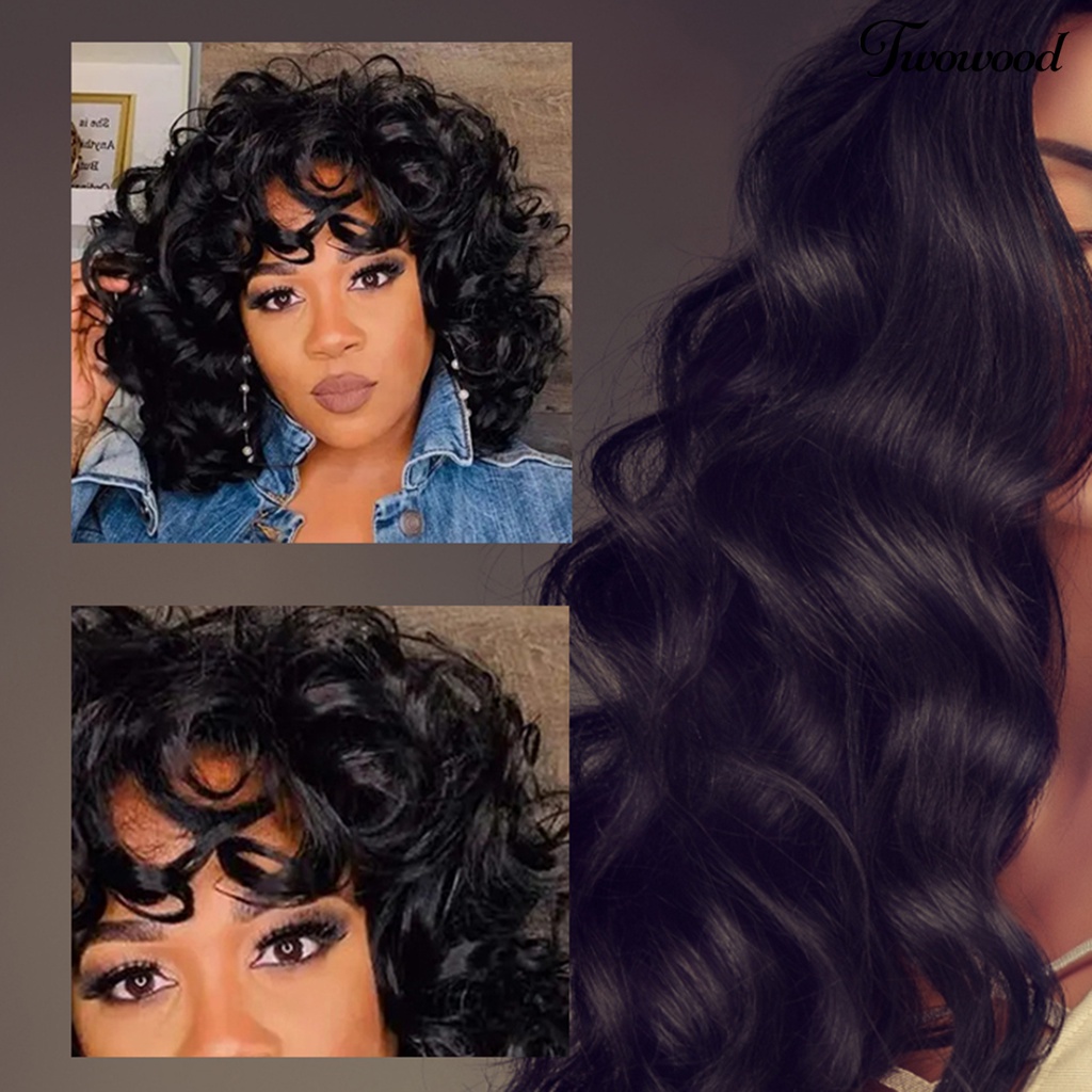 Twowood Curly Hair Wig Fashion Mudah Dipakai Berbulu Trendi Kosmetik Sehat Aksesori Suhu Tinggi Sutra Poni Panjang Keriting Wanita Wig Untuk Kehidupan Sehari-Hari