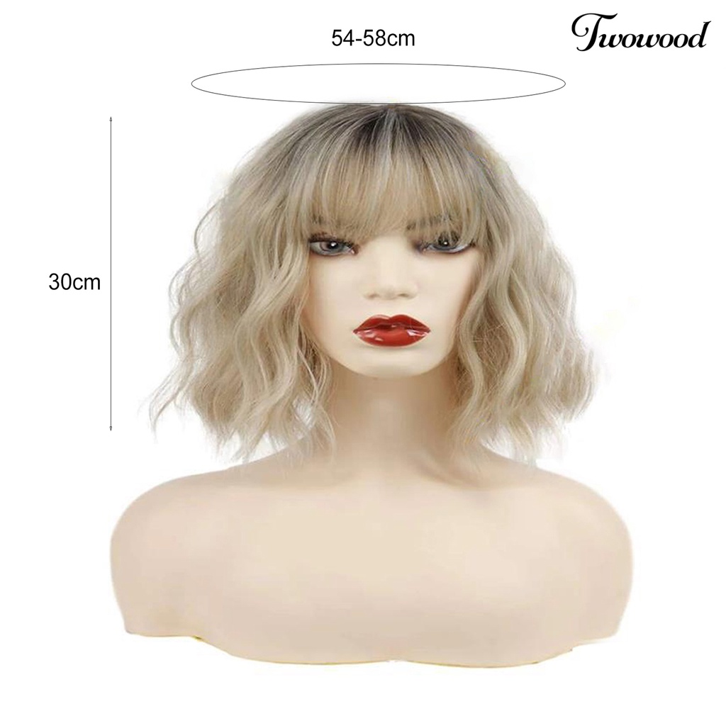 Twowood Water Ripple Wig Fashion Lembut Berbulu Mudah Dipakai Tahan Panas Alat Kosmetik Suhu Tinggi Silk Air Bangs Curly Wig Rambut Pendek Untuk Kehidupan Sehari-Hari