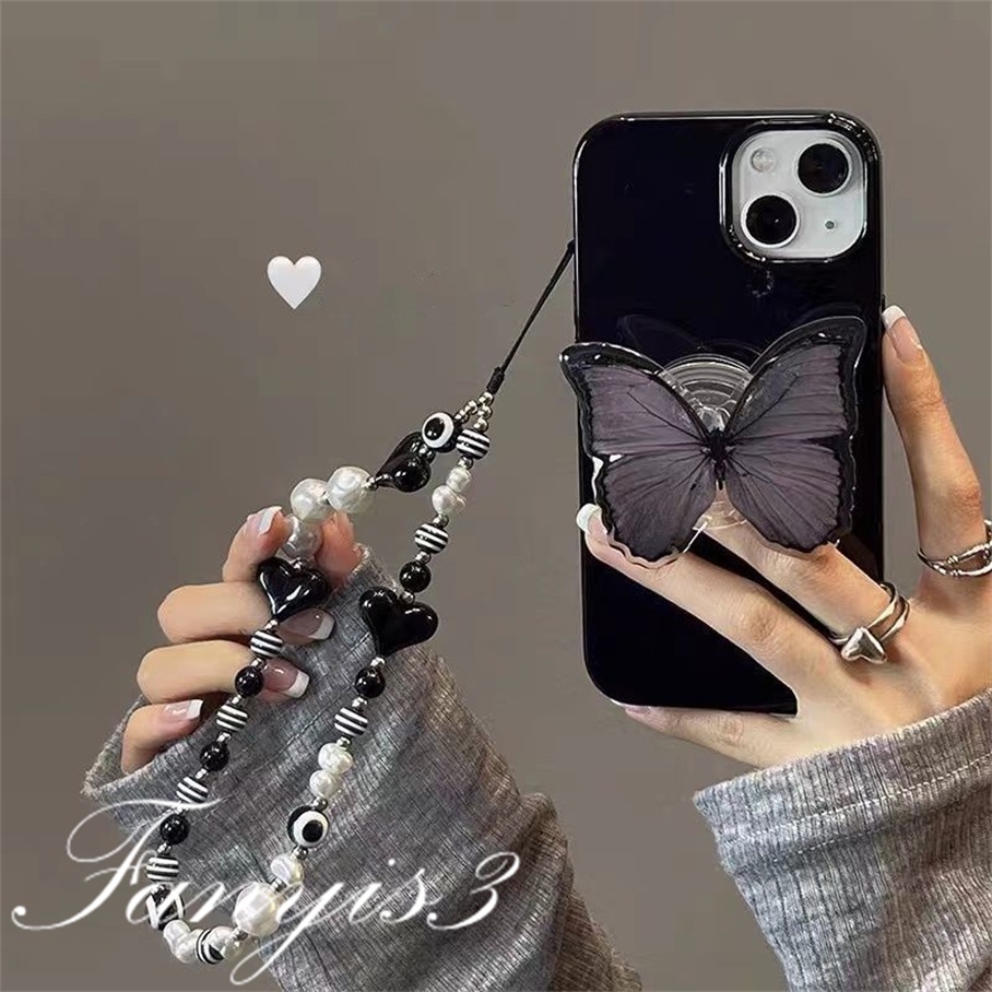 Compatible For iPhone 14 13 12 11 Pro Max X XR Xs Max 8 7 6 6s Plus SE 2020 Kompatibel Untuk Ungu Tua Butterfly Phone Case TPU Silikon Lembut Cover Pelindung Dengan Braket Rantai