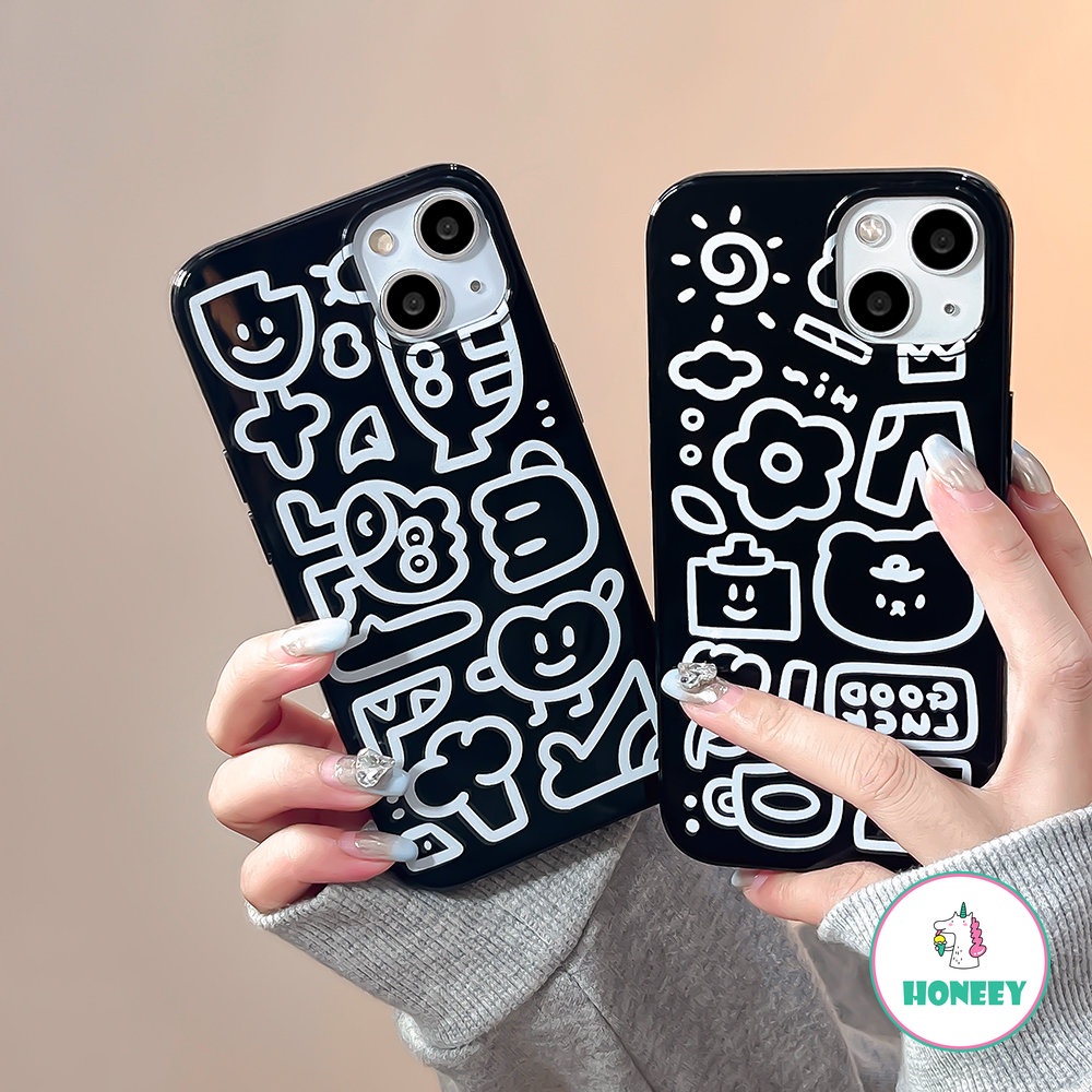 IPHONE Casing Ponsel Cinta Bunga Graffiti Lucu Kompatibel Untuk Iphone14 13 Pro Max12/12 Pro 11 Pro Max XR XS 7 8plus Hitam Lembut TPU Sarung Handphone