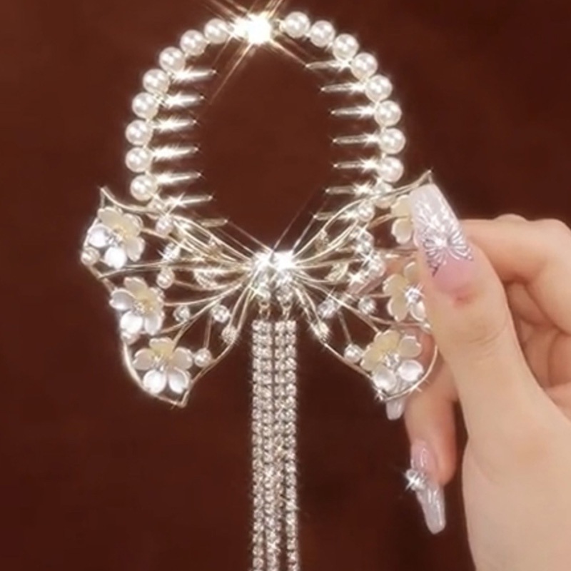 Camellia Busur Berlian Imitasi Mutiara Rumbai Kepala Bola High-End Hair Clip