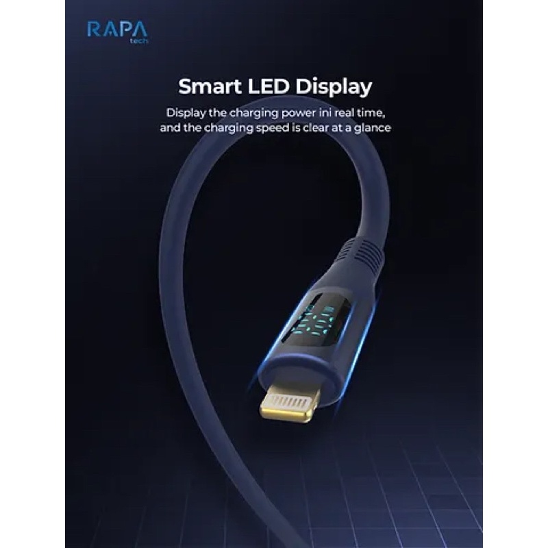 RAPAtech Smart LED Display Kabel Data Usb C to Lightning PD Fast Charging 27W Premium Quality For iPhone 11 12 13 14 Pro Max 14 Plus XR XS Max original bergaransi