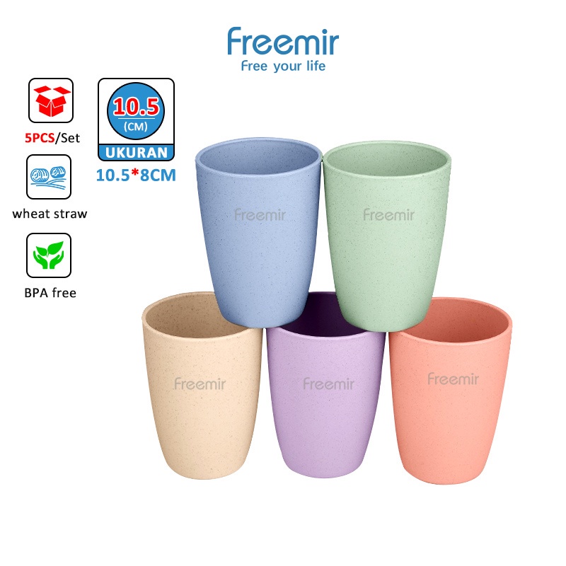 freemir 5 Pcs Gelas Set Plastik Wheat Straw Mix Warna Biru Pink Hijau Krem Ungu