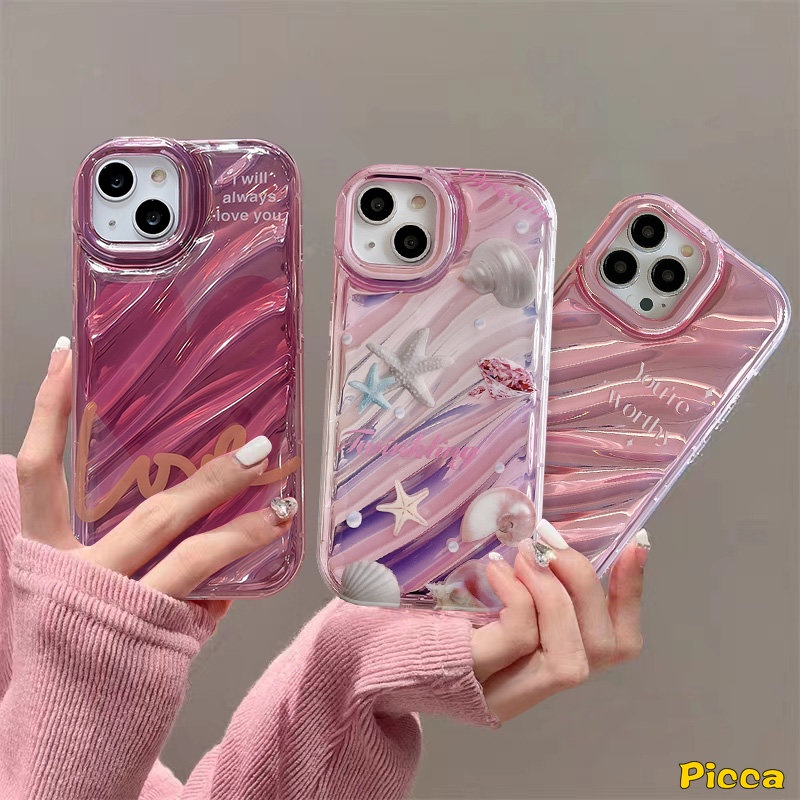 IPHONE Fantasy Case Kartu Aser Huruf Cinta Bintang Laut Shell Mutiara Kompatibel Untuk Iphone7 8 6 6S Plus XR 11 13 14 12 Pro MAX X XS MAX SE 2020mewah Dazzle Color 3D Stereo Corrugation Case