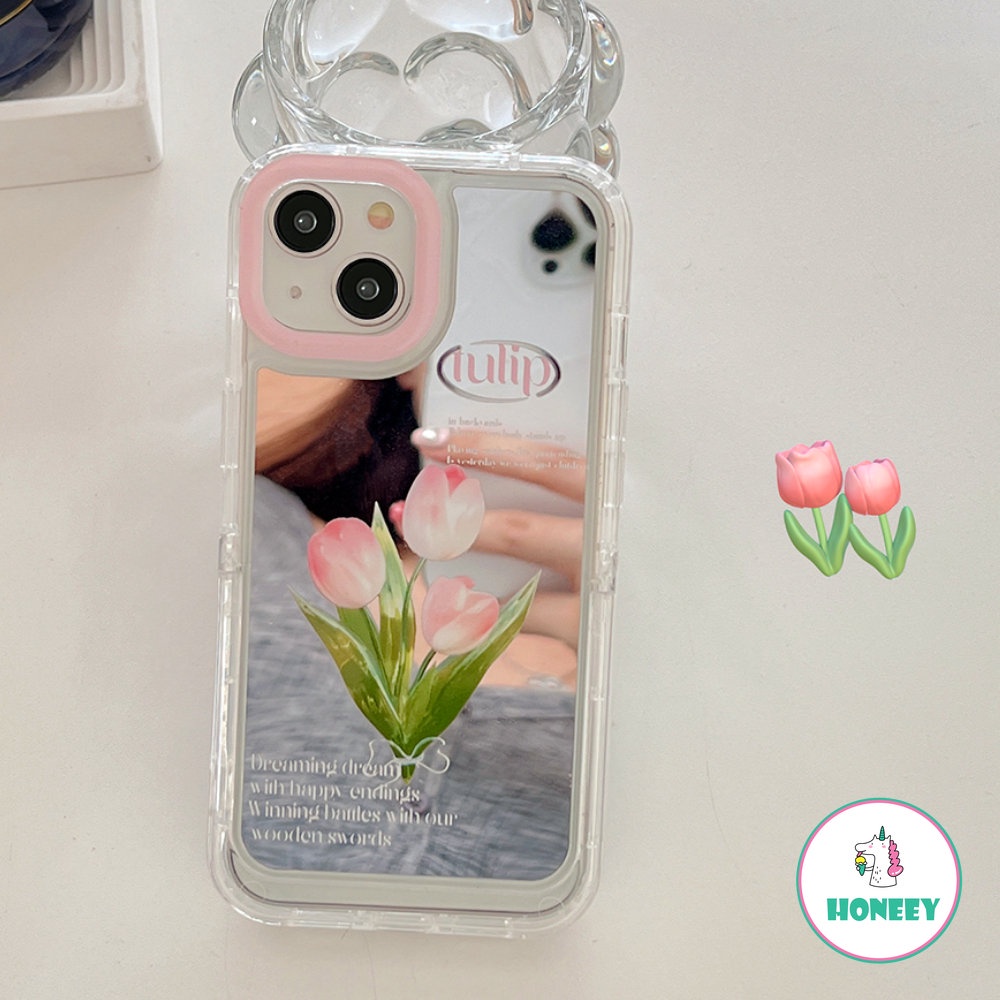 Pink Tulip Cermin Rias Tak Terlihat Stand Phone Case Kompatibel Untuk Iphone14 13 12 Pro Max Case iPhone 11 Pro Max Shockproof Back Cover
