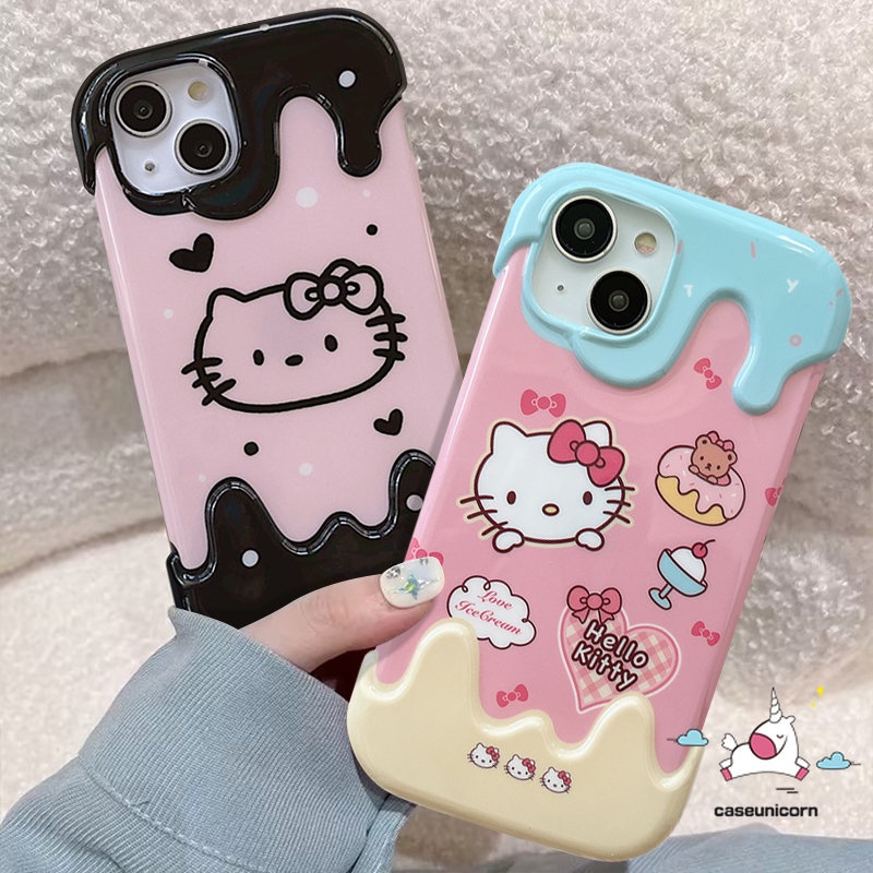 IPHONE 3d Warna Ice Cream Kartun Hello Kitty Pochacco Doodle Phone Case Kompatibel Untuk Iphone11 13 XR 12 14 Pro Max 7Plus X7 8 Plus XS Max SE 2020lucu Kirby Lembut TPU Cover