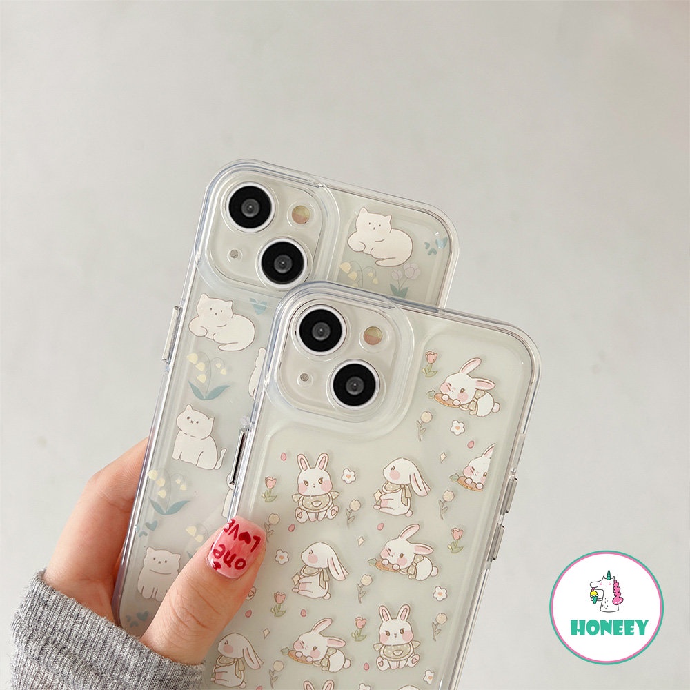 Indah Penuh Layar Bunny Cat Bening Ponsel Case Untuk iPhone 14 Pro Max13 12 11 Pro Max XR XS 7 8 Plus Fashion Floral Lembut TPU Cover Pelindung