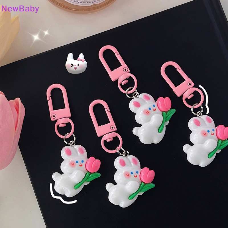 Newbaby Lucu Mini Tulip Rabbit Gantungan Kunci Lovely Pink Bunny Doll Key Chain Untuk Wanita Gadis Anak Tas Earphone Kotak Hiasan Keyring Pendant ID