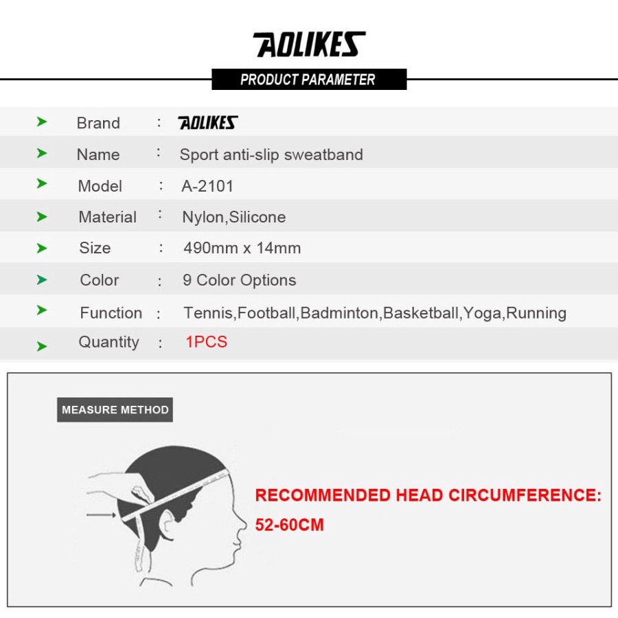 Headband Aolikes 2101 Sweat Head Bandana Ikat Kepala Olahraga Tenis Running Gym Sport Head Band Non Slip Outdoor Pria Wanita