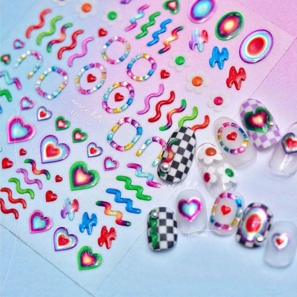 AUGUSTINA Agustina Stiker Kuku Warna-Warni Fashion Nail Art Motif Love Hati Bronzing Stiker Jelly Stiker Hiasan Kuku Untuk Wanita