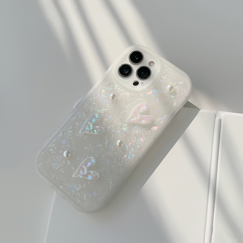 IPHONE 3d Pearlescent Kerang Cinta Hati Dengan Manik-Manik Mutiara Shell Pola Perlindungan Penuh Ponsel Soft Case Cover Untuk Iphone7 8 PLUS X XR XS 11 12 13 14 MINI PRO MAX Se2020