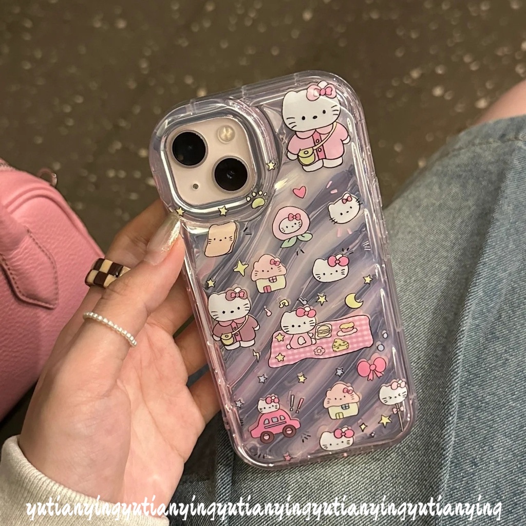 Casing Tombol Ponsel Digital Kartun Hello Kitty Vintage Kompatibel Untuk IPhone 7Plus XR XS X Max11 12 14 13 Pro Max7 6S 8 6 Plus Se2020 Kartu Laser Kerut Stereo 3D Soft Cover