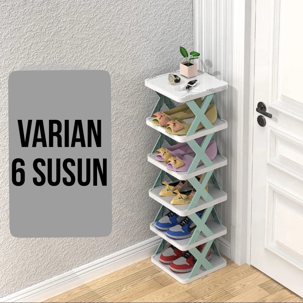 Rak Sepatu Sandal Plastik Rakit Lipat Portable Model X Silang 6 Susun 6 Tingkat Shoe Rack Bahan Plastic Penyimpanan Sendal