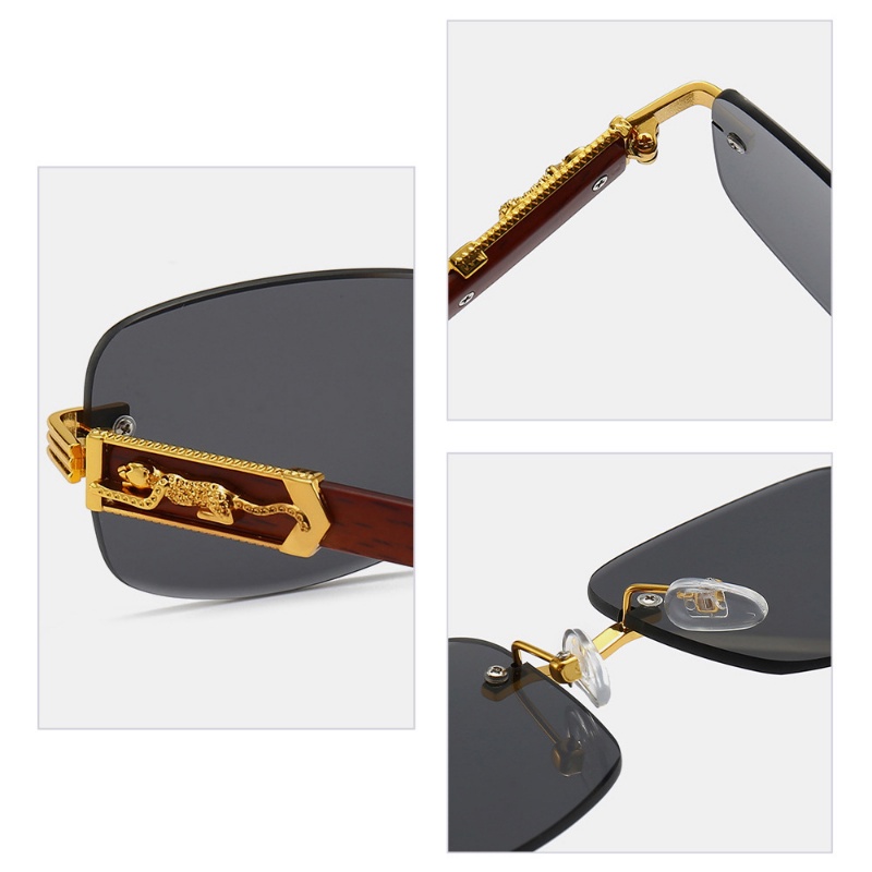 (YUZHU) Tren Barat Leopard Kacamata Hitam Untuk Wanita Kepribadian Frameless Serat Kayu Temple Sunglasses Untuk Pria