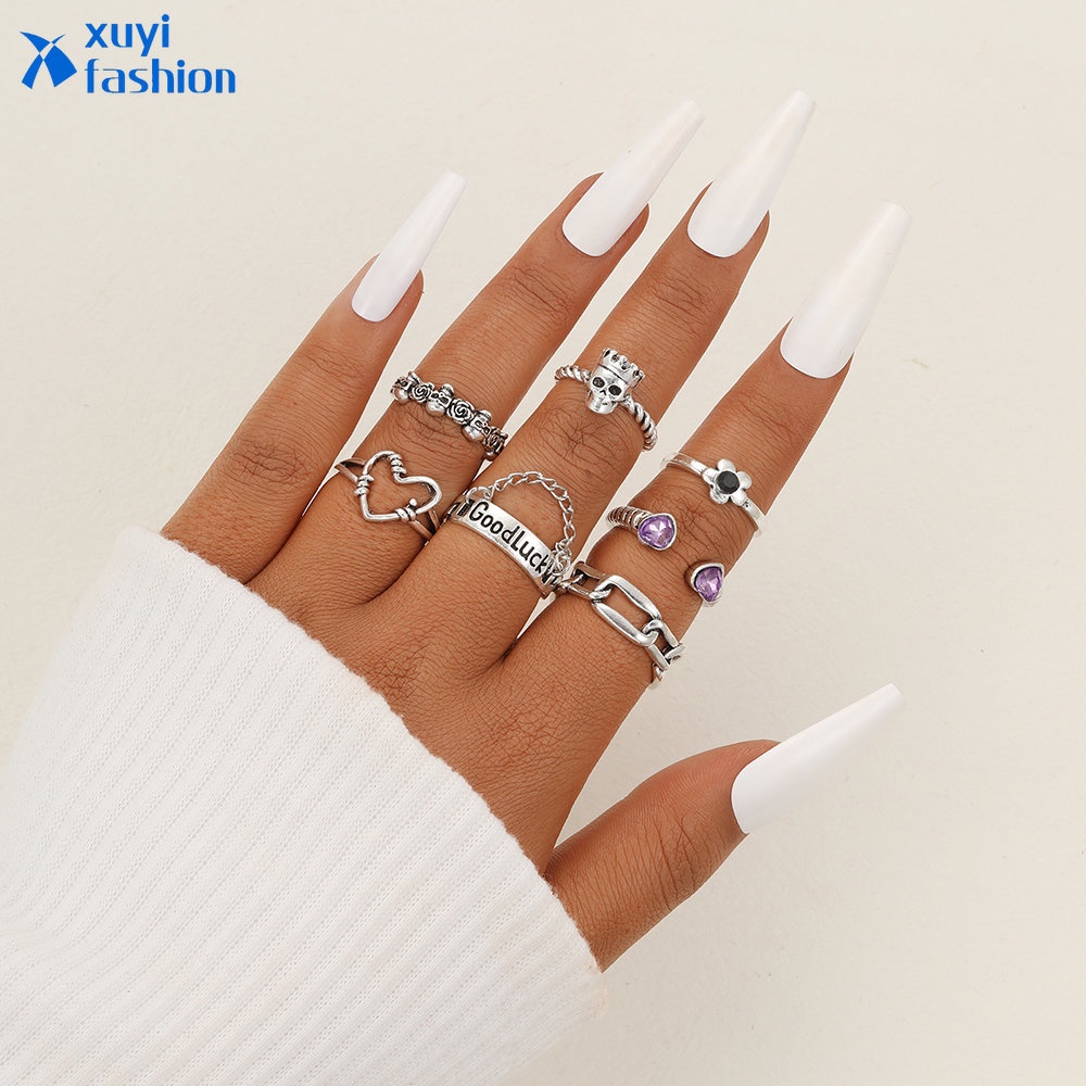 7pc /set Punk Jantung Cincin Gothic Hip Hop Huruf Cincin Perak Untuk Wanita Fashion Perhiasan Aksesoris