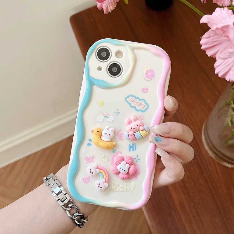 3D Mike White Hand Made Diy Candy Pink Rainbow Rabbit Soft Case iPhone 11 12 13 14 Pro Max New Puff Casing Apple for women girls Gift