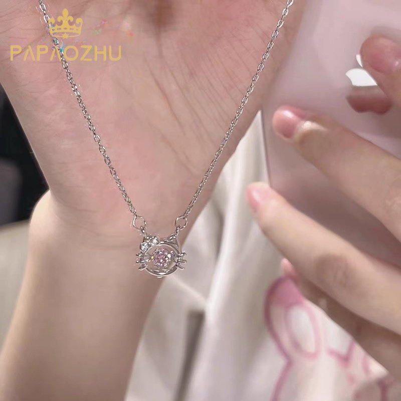 Papaozhu Korea Lucu Merah Muda Kristal Kitty Kucing Liontin Kalung Untuk Wanita Gadis Indah Perak Anak Kucing Dengan Detak Jantung Kalung Kawaii Klavikula Rantai Perhiasan Hadiah