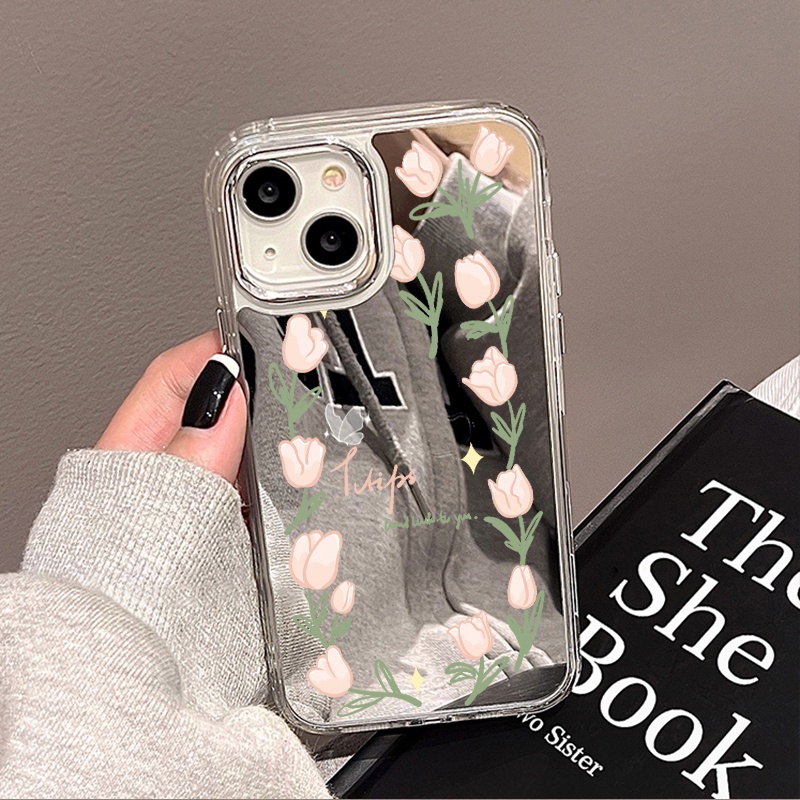 IPHONE Casing Ponsel Cermin Kupu-Kupu Tulip Elegan Kompatibel Untuk Iphone11 12 13 14 12Pro 13Pro 14Pro Pro Max XR X XS Max Electroplating Tombol Perlindungan Mirror Cover