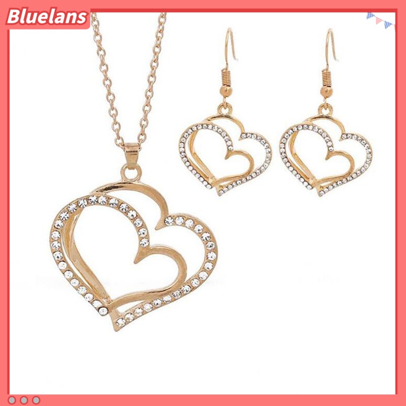 [BLS] Fashion Cinta Liontin Set Perhiasan Paduan Berlian Berongga Jantung Liontin Kalung Anting