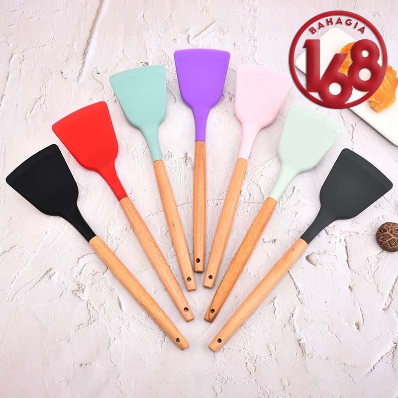 Spatula Silicone Utensil Gagang Kayu Tahan Panas / Spatula Silicon / Utensile Turner Sutil Silikon